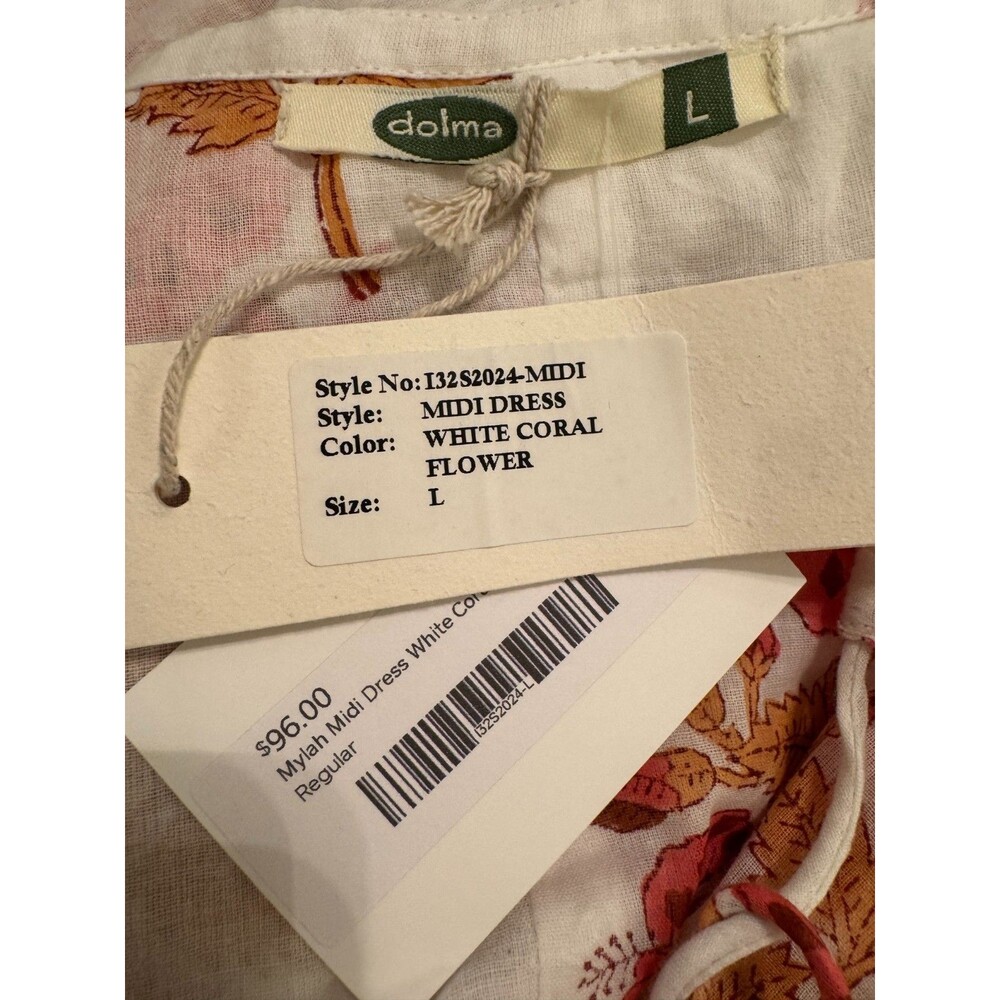Dolma White Coral Floral Mylah Midi Dress Boho Cotton Hand Printed Sz L NWT - Picture 4 of 15